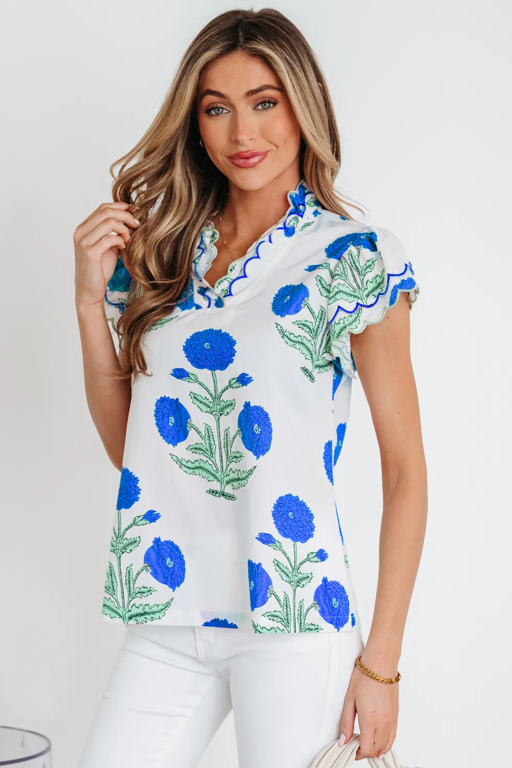 Blue Wild Flower Print Contrast Blouse