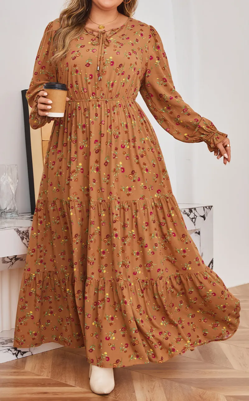 Plus Fit Floral Split V Neck Ruffled Sleeve Tiered Maxi Dress