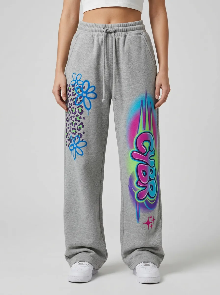 Women's Streetwear Cyber Graffiti Leopard Flower Printed Sweatpants