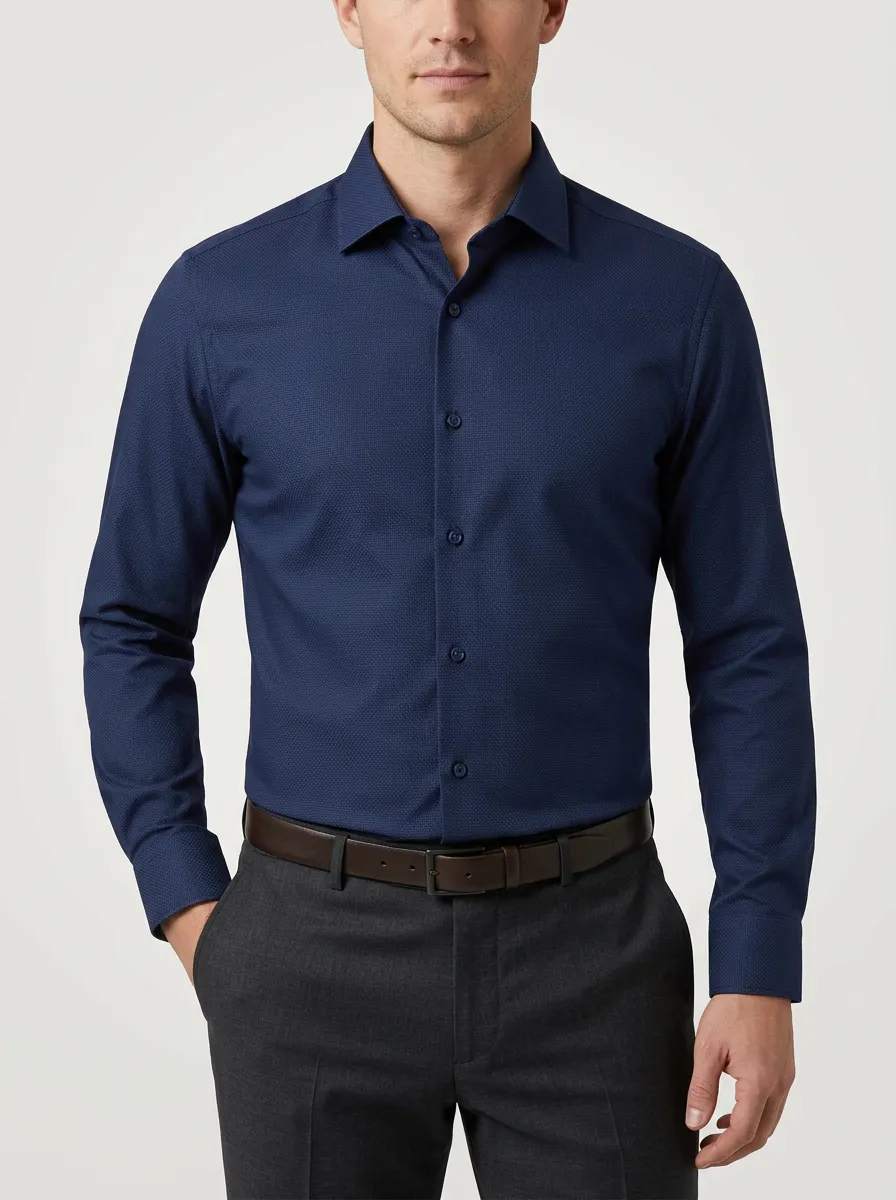 Men's Business Casual Navy Blue Textured Patterned Dress Shirt