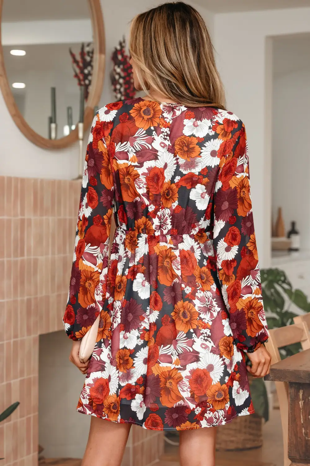 Textured Detail Floral Printed V Neck Mini Dress