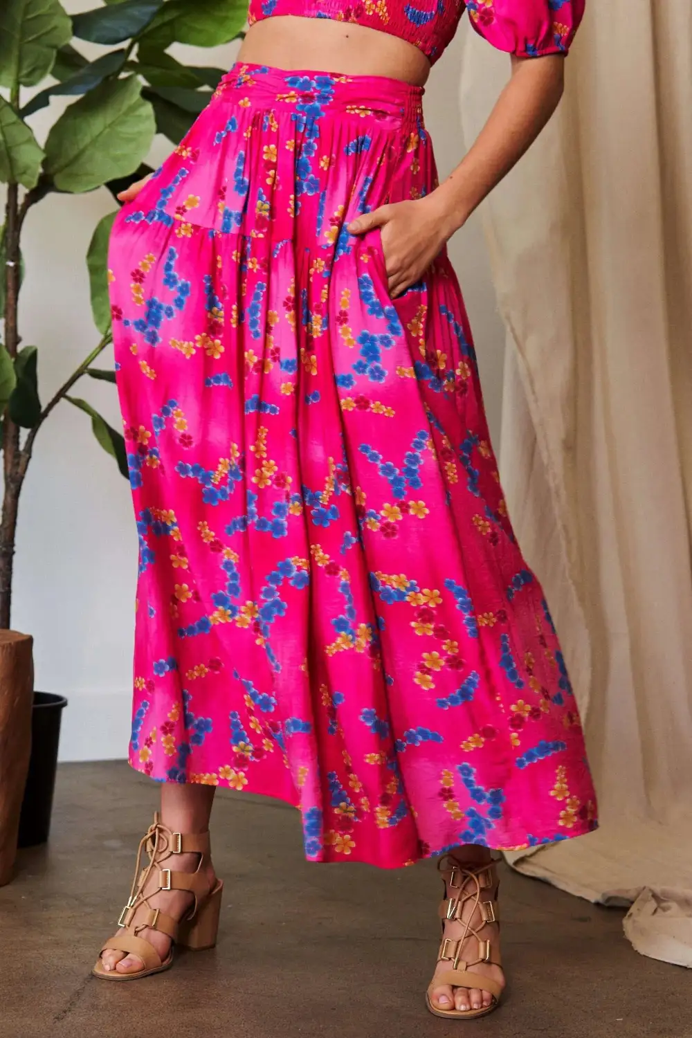 And Printed Smocking Waistband Ruffled Maxi Skirt