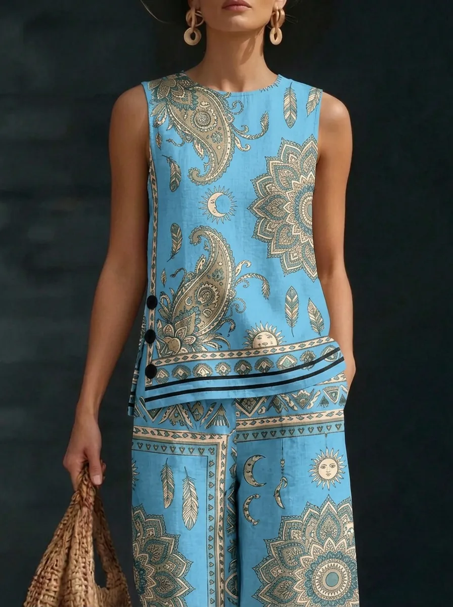 Women's Boho Style Paisley Mandala Printed Sleeveless Set