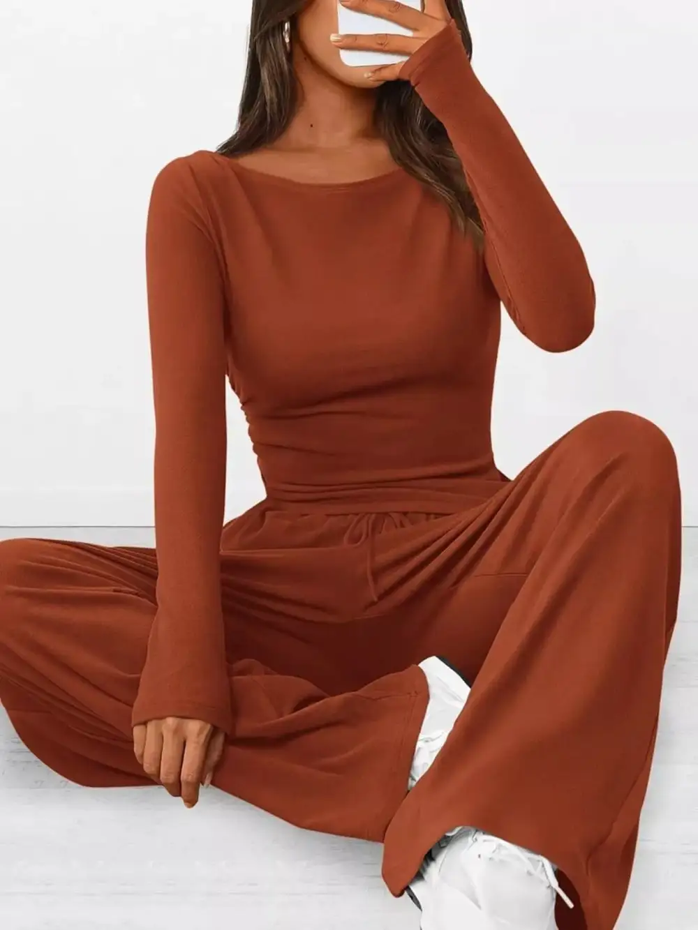 Relaxed Long Sleeve Top and Wide Leg Pants Set