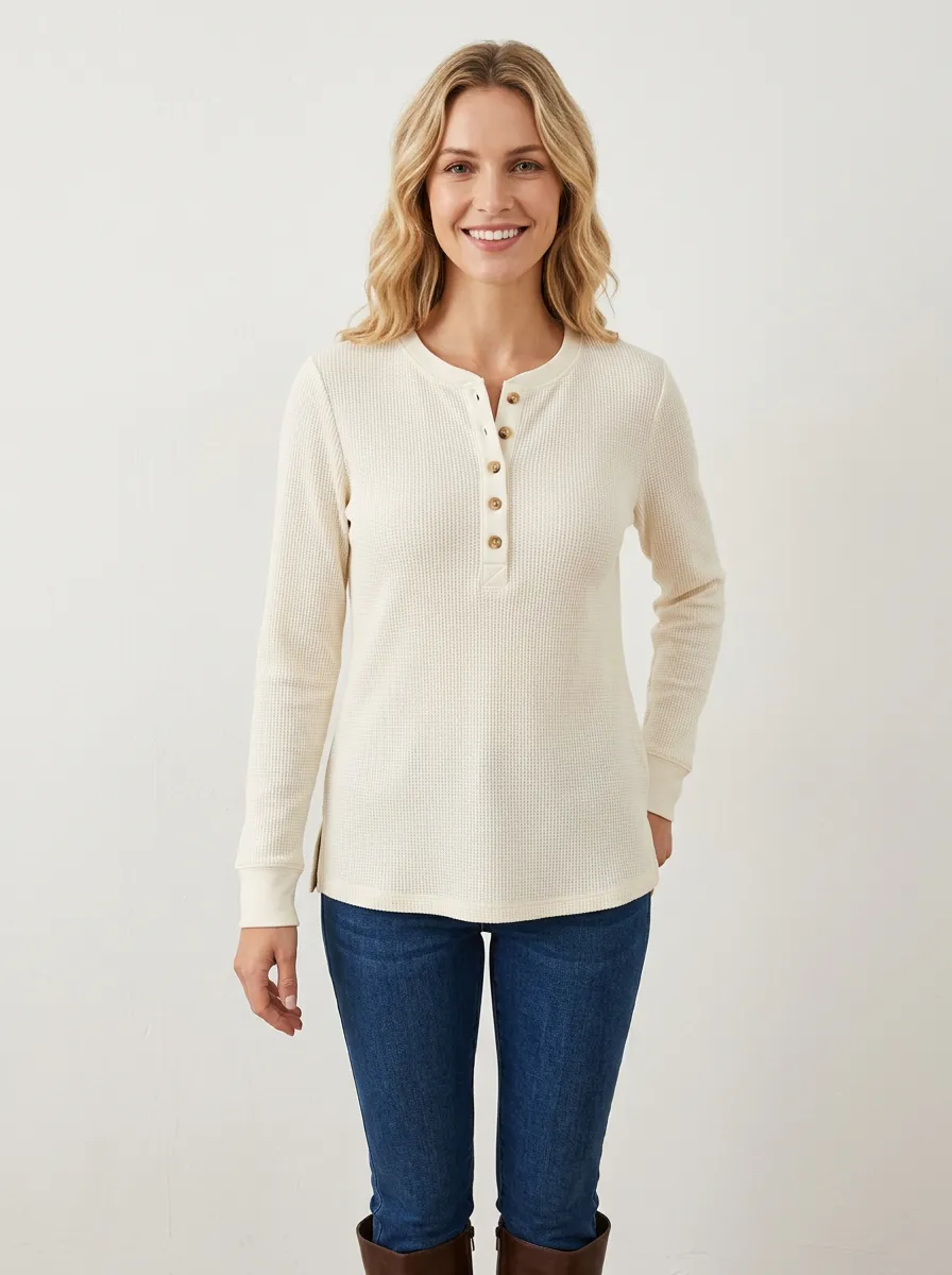 Women's Casual Basic Solid Waffle Knit Button Henley Shirt