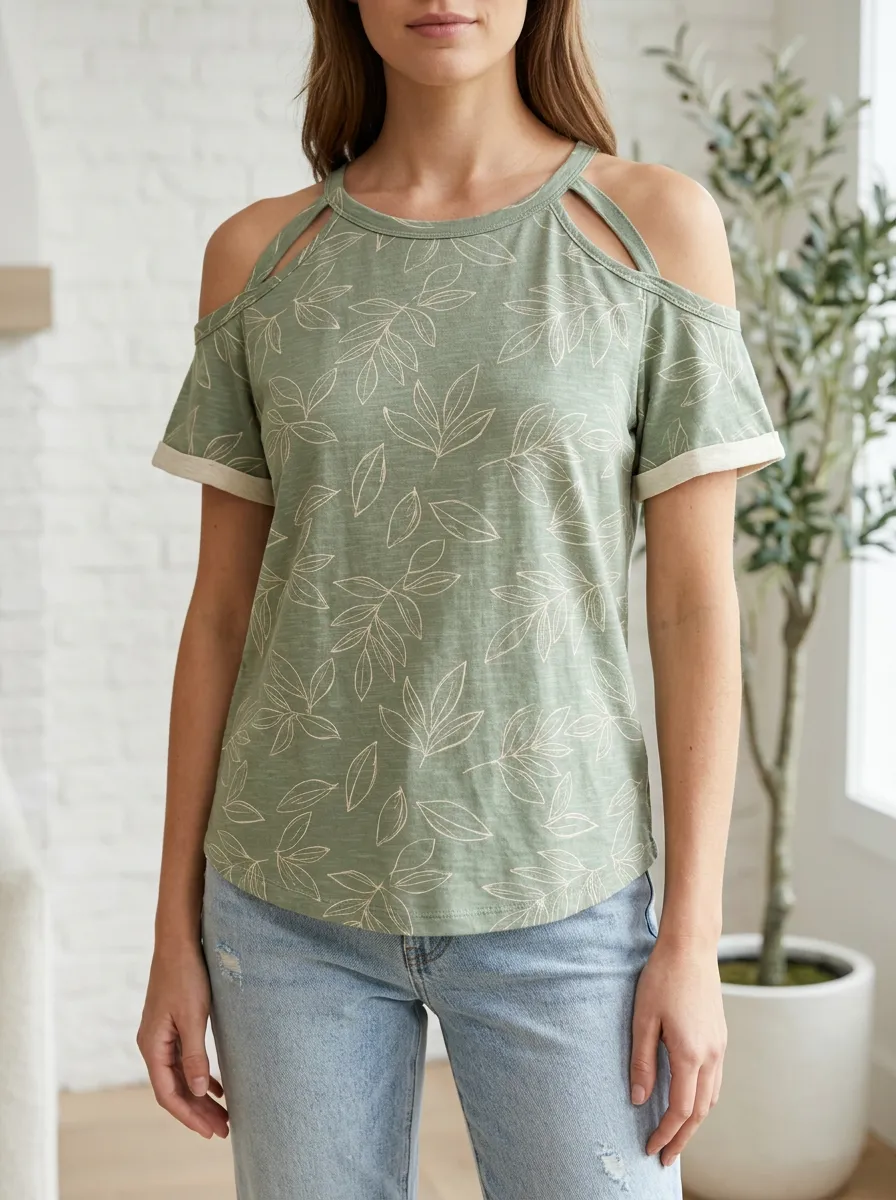 Women's Botanical Leaf Pattern Printed Cold Shoulder Top