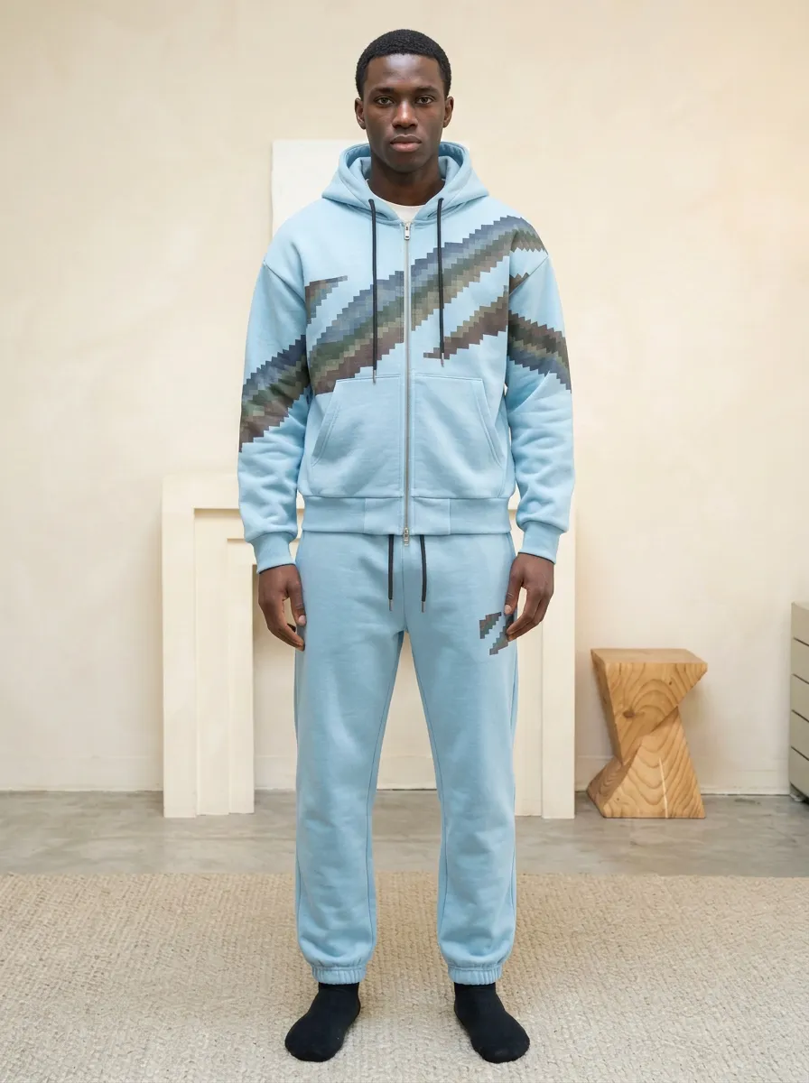 Men's Geometric Pixel Stripe Printed Hooded Tracksuit Set