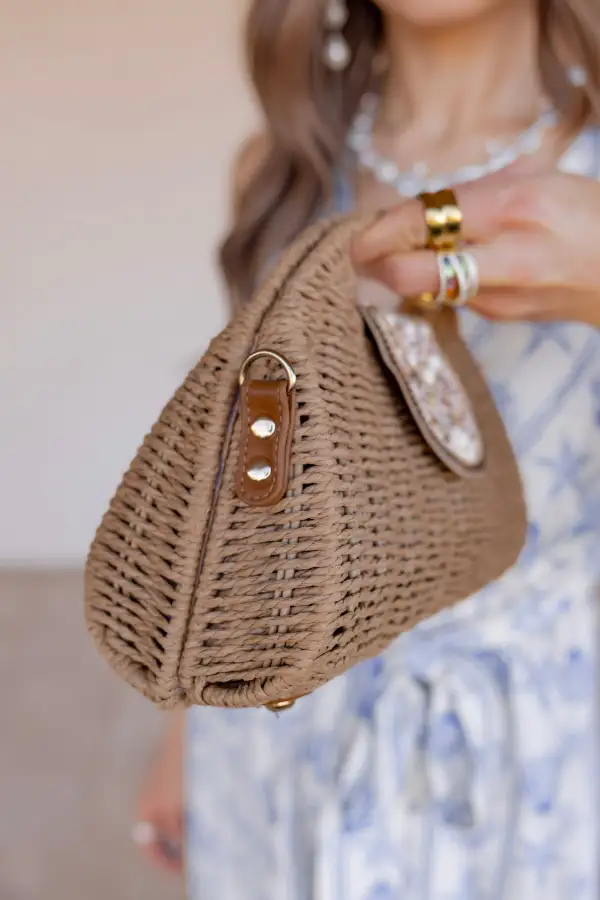 Woven Rattan Beaded Shoulder Bag