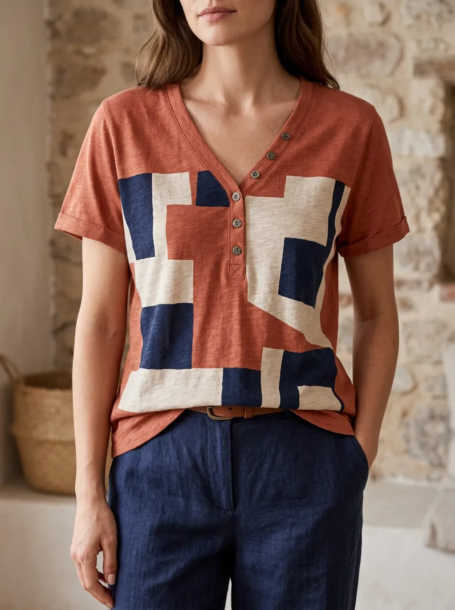 Women's Geometric Pattern Rust Navy Printed Henley Shirt