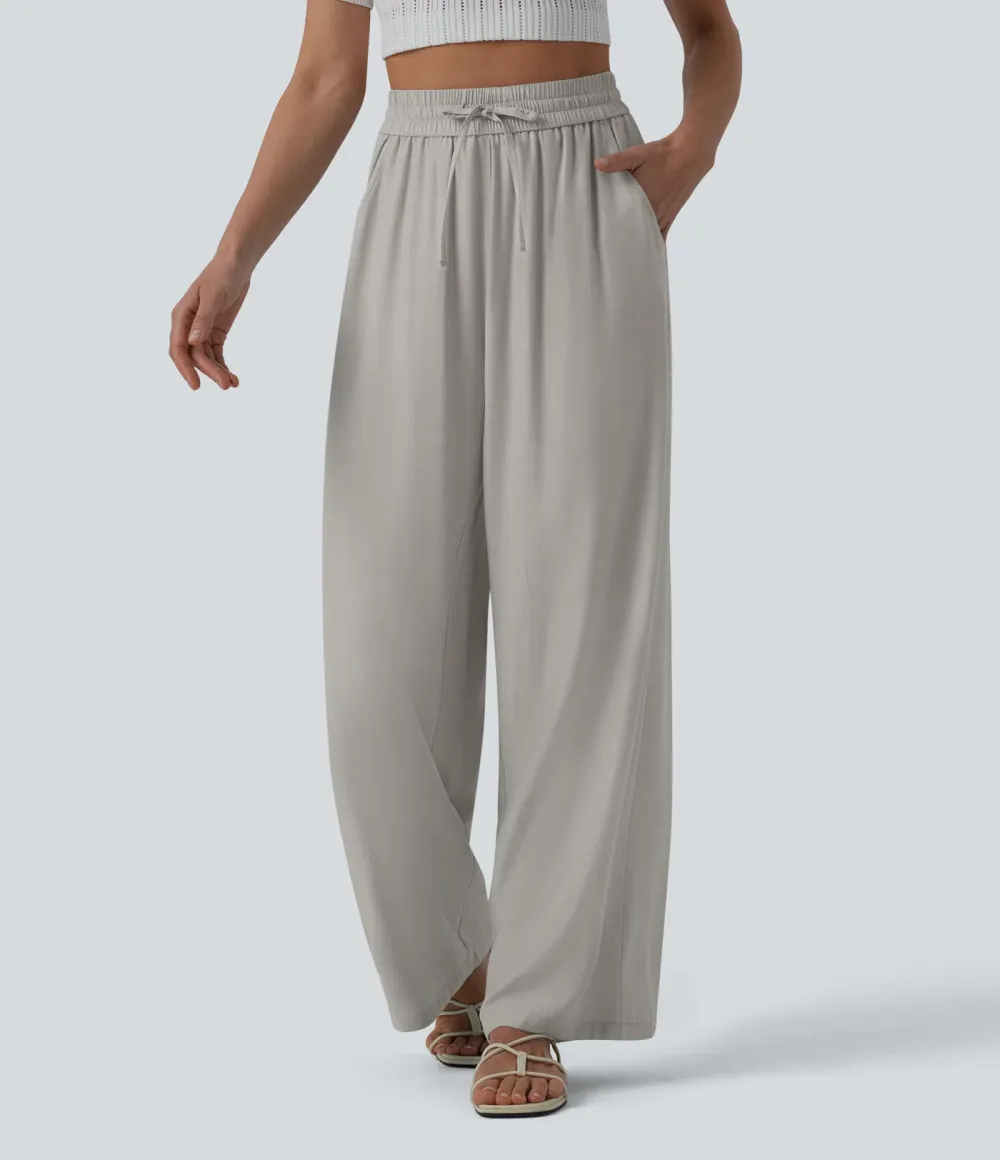 2026🔥High Waisted Drawstring Wide Leg Casual Linen-Blend Trousers with Pockets
