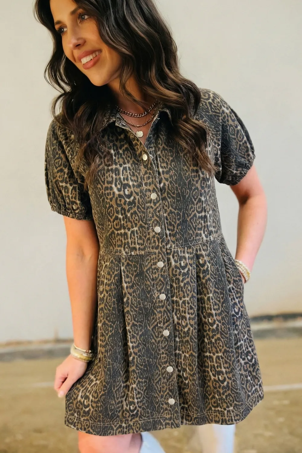Gray Leopard Pleated Denim Dress