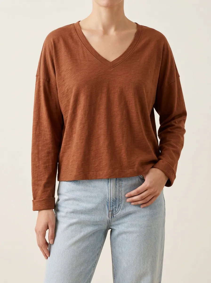 Casual Style V Neck Cotton Feel Women's Long Sleeve Tee