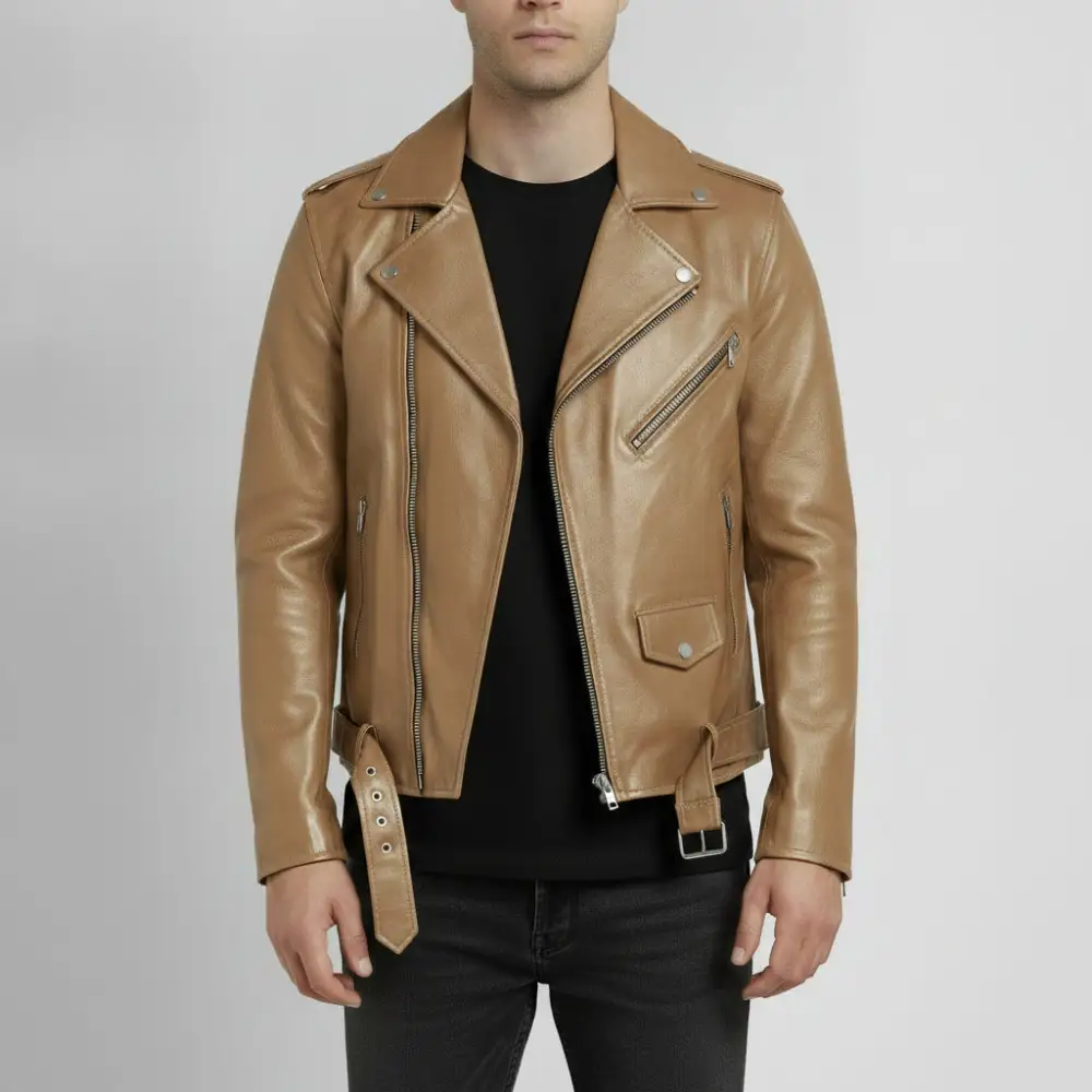 Leather Biker Motorcycle Belted Jacket