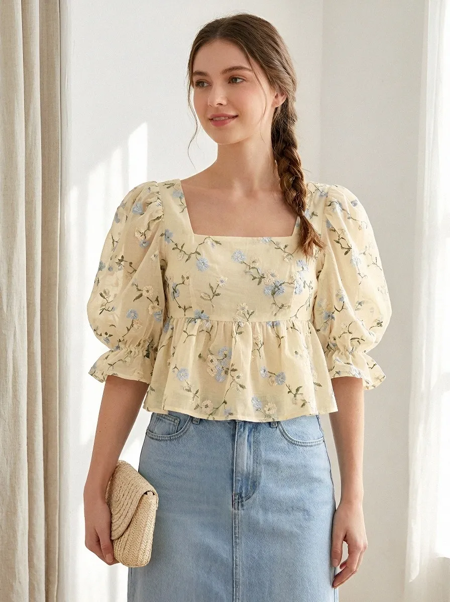 Embroidered Floral Peplum Women's Puff-Sleeve Blouse