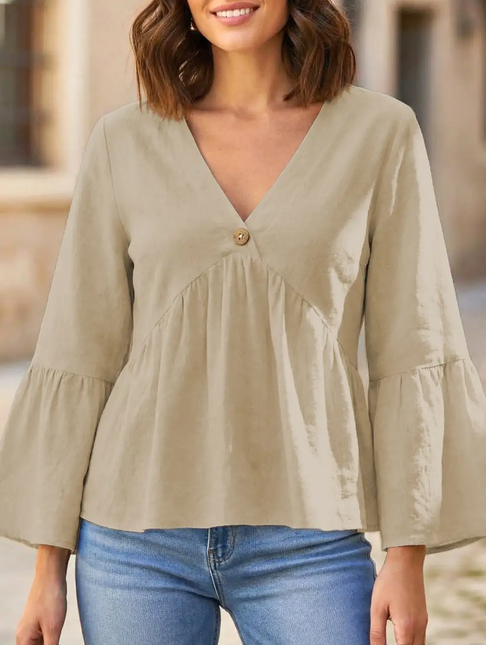 V-Neck Ruffle Sleeve Cotton Top