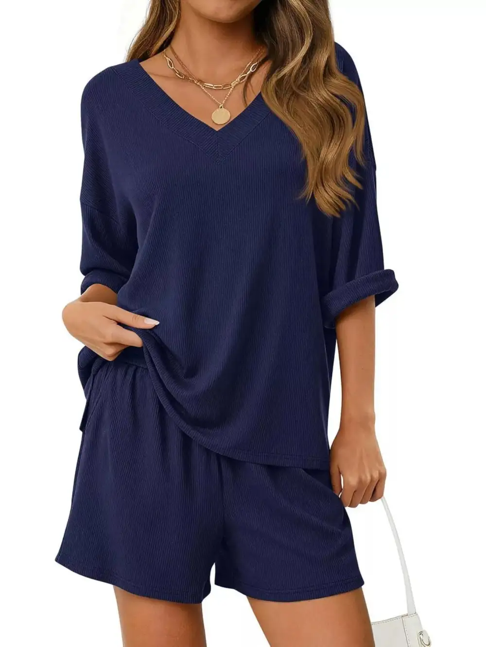 Casual Solid Color V Neck Top and Shorts Set