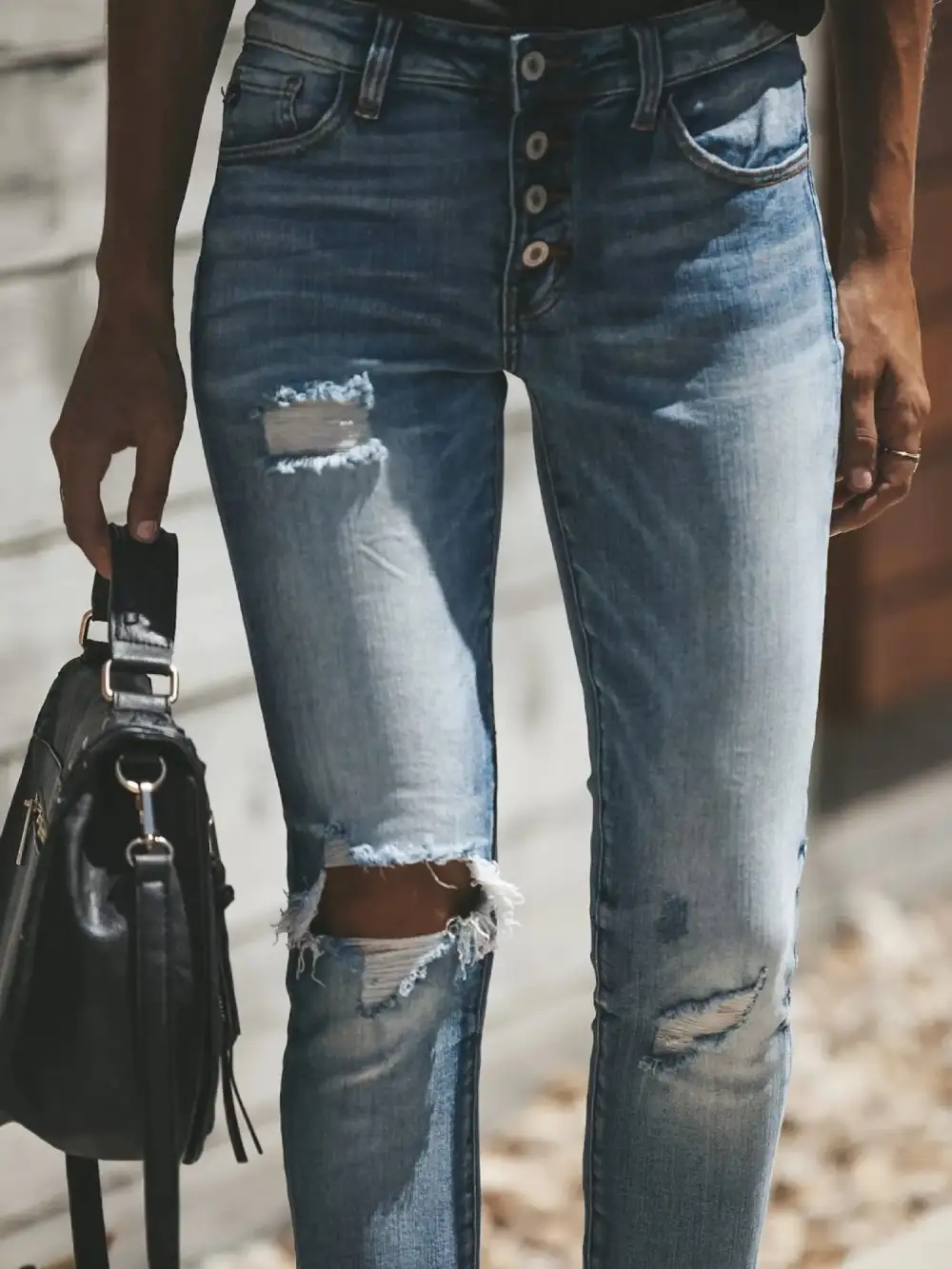 Skinny Distressed Button Denim Jeans