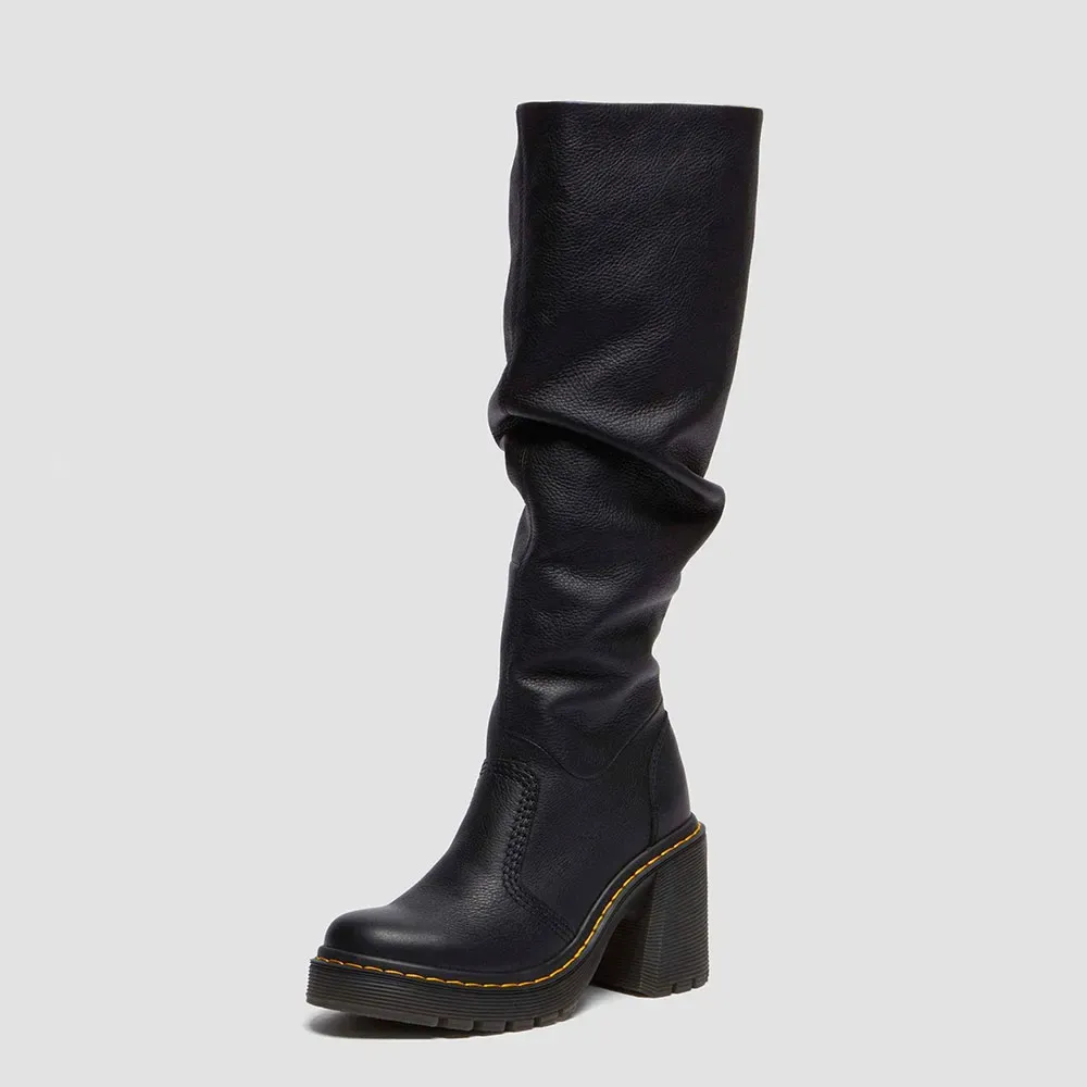Faux-Leather Zip-Up Slouch Round-Toe Knee-High Boots