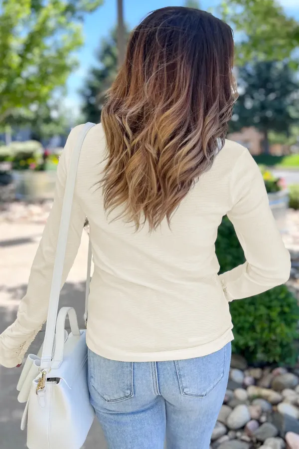 Beige Thermal Knit Lace Ruched Top