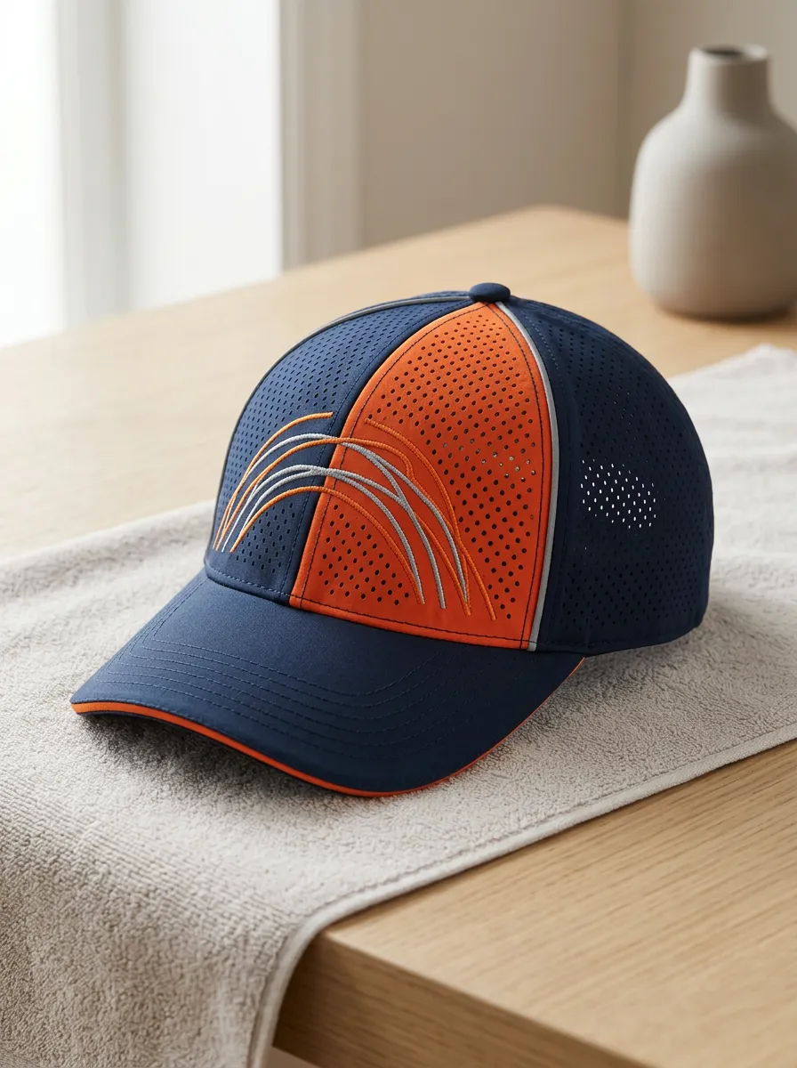 Men's Football Fan Navy Orange Curved Lines Printed Cap