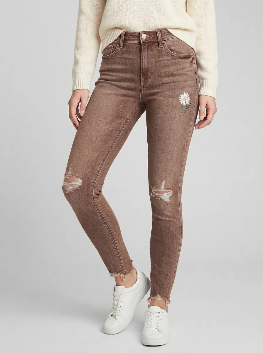 Women's Daisy Flower Embroidered Distressed Slim Jeans