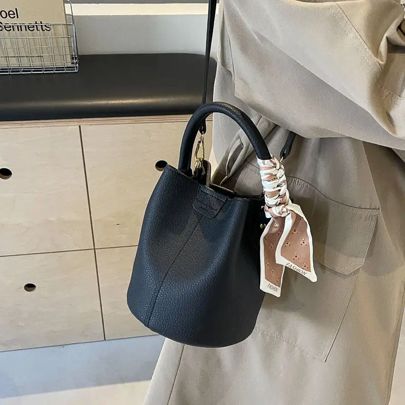 Compact Faux Leather Textured Bucket Bag