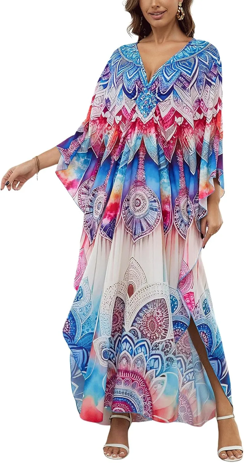 KECVOT Kaftan Dresses for Women Plus Size Batwing Sleeve Caftans Long Bathing Suit Cover Up Maxi Beach Dress Loungewear