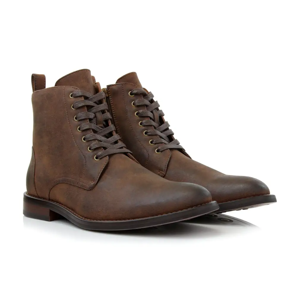 Faux-Leather Burnished Lace-Up Ankle Boots