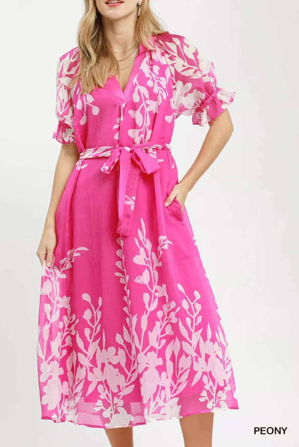 Floral Print V-Neck Puff Sleeve Tie Waist Midi Dress