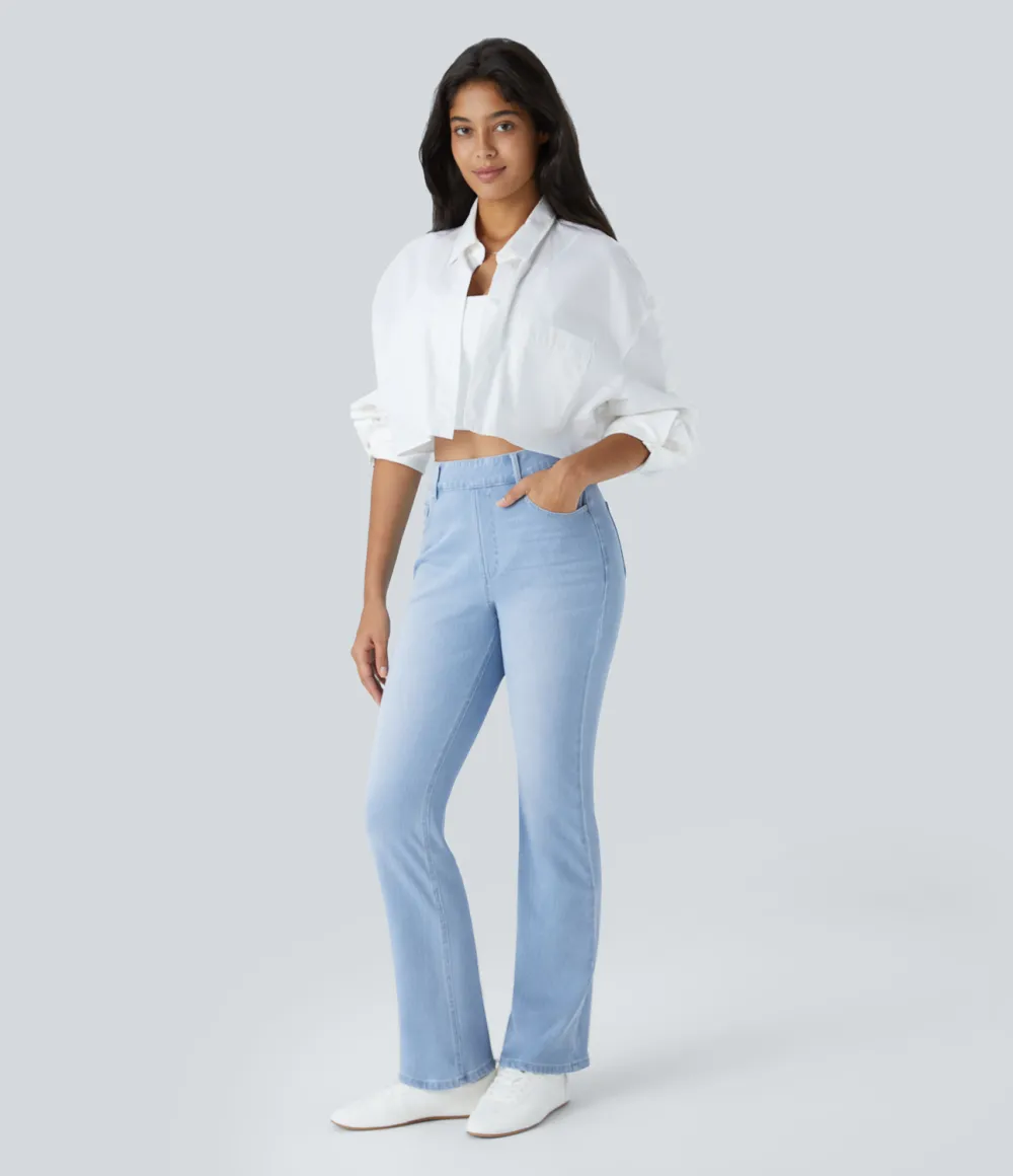 Magic High Waisted Multiple Pockets Washed Stretchy Knit Casual Bootcut Jeans