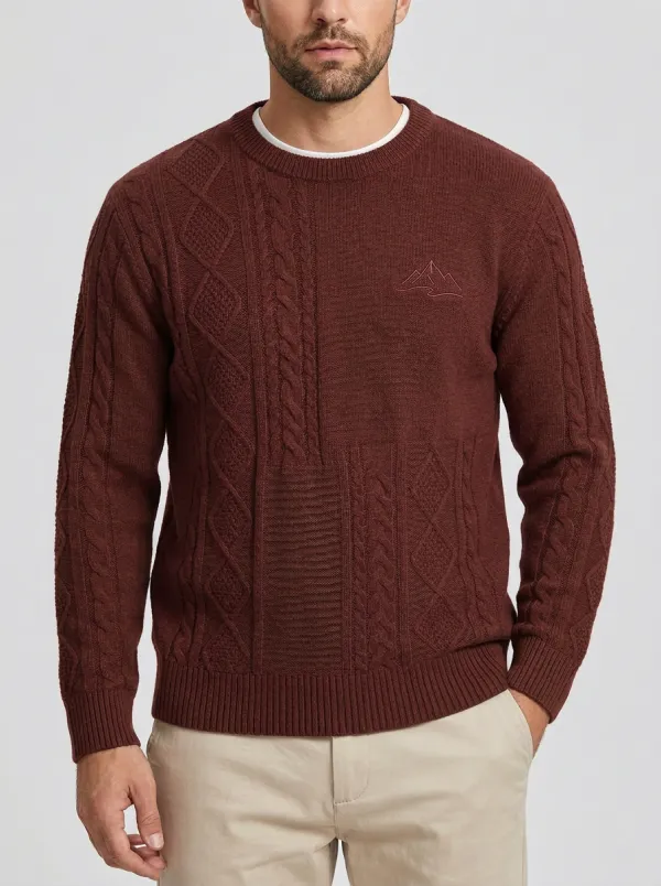 Men's Olive Green Crewneck Mountain Cable Knit Sweater