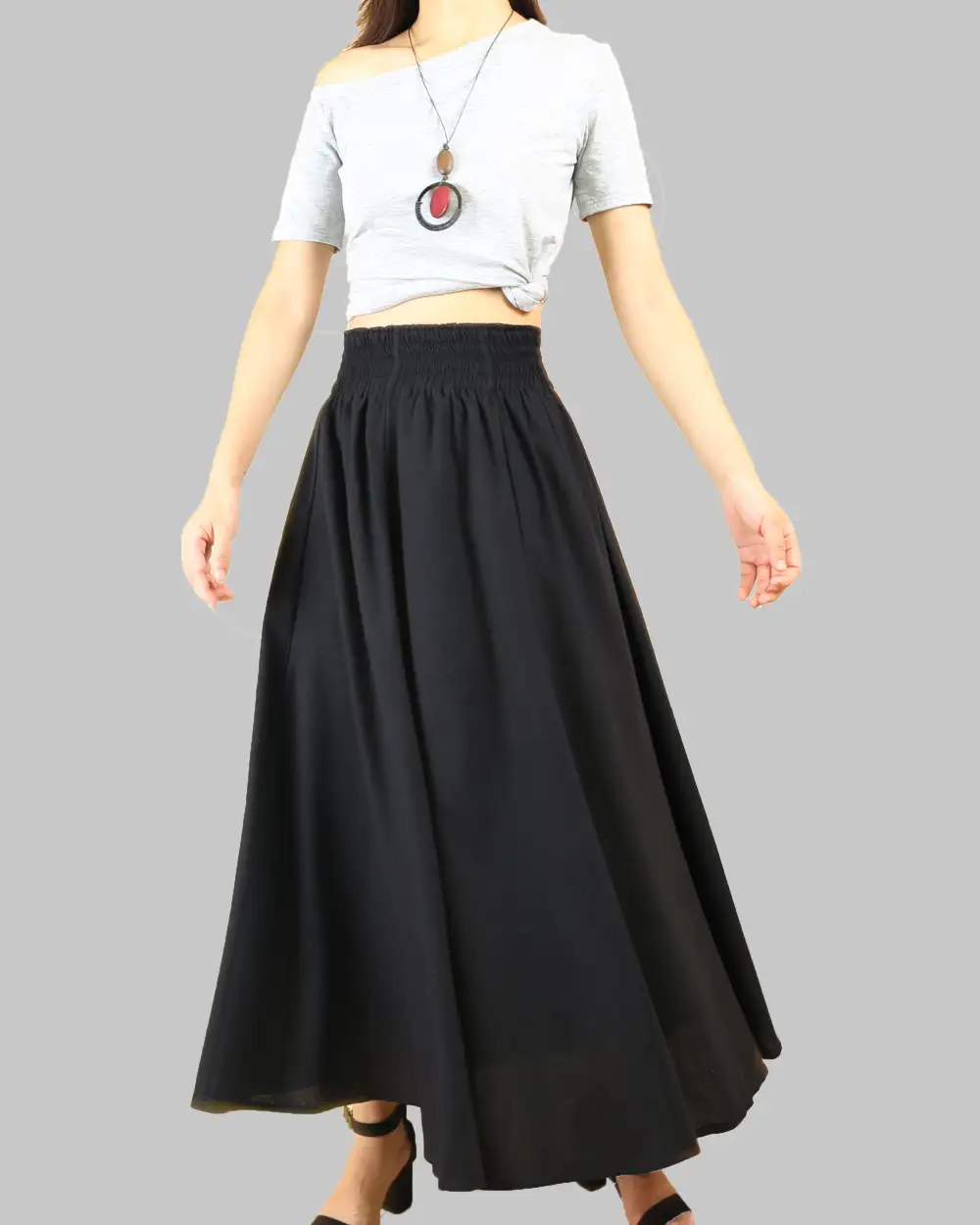Pocketed Linen Flared Maxi Skirt