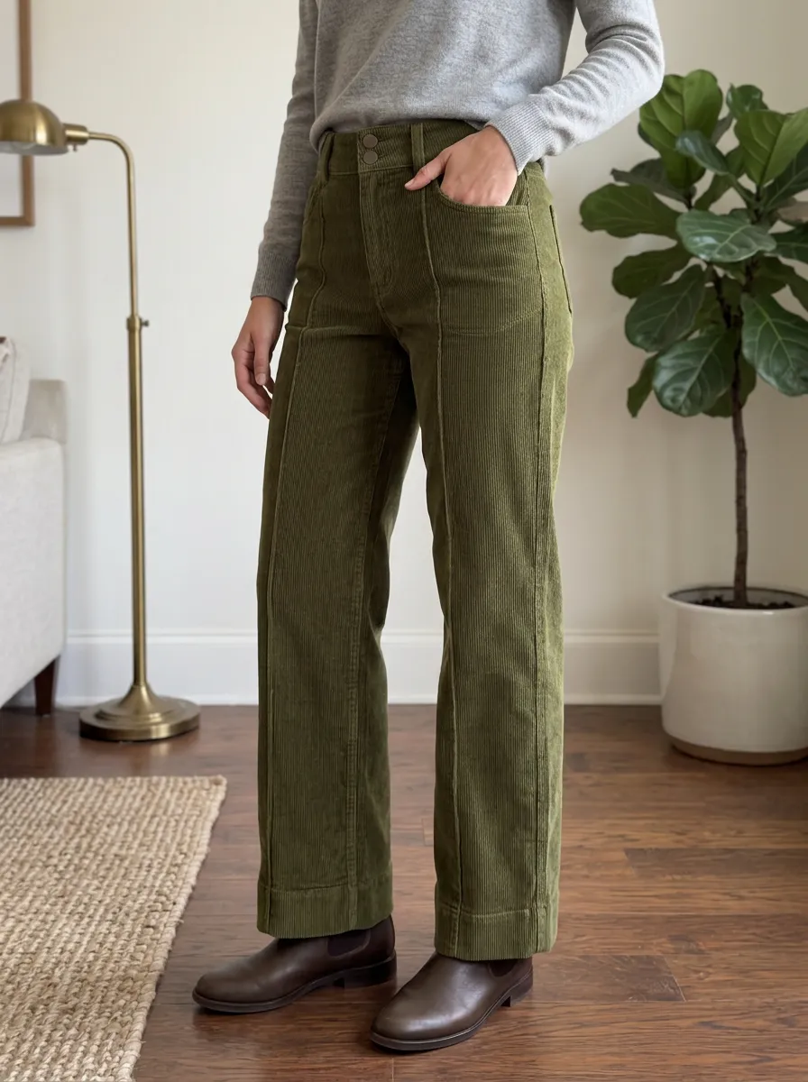 Women's Olive Green High-Waisted Corduroy Wide Leg Pants