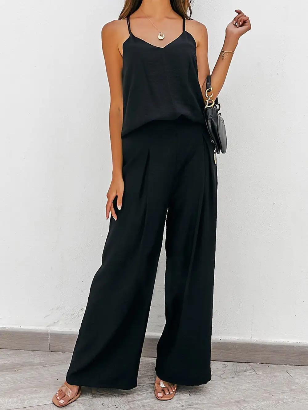 Spaghetti Strap Cami And Wide Leg Pants Set