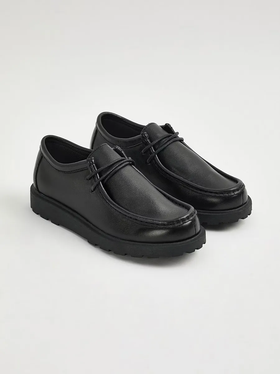 Black Leather Lace Up Moccasin School Shoes