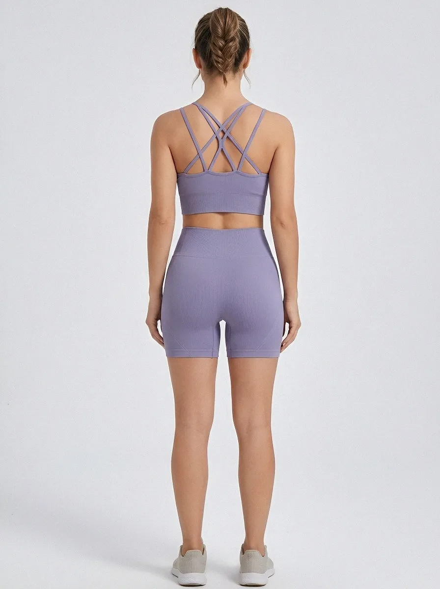 Athletic Ribbed Texture Seamless Design Training Look Women's Tank Top And Sports Shorts Set