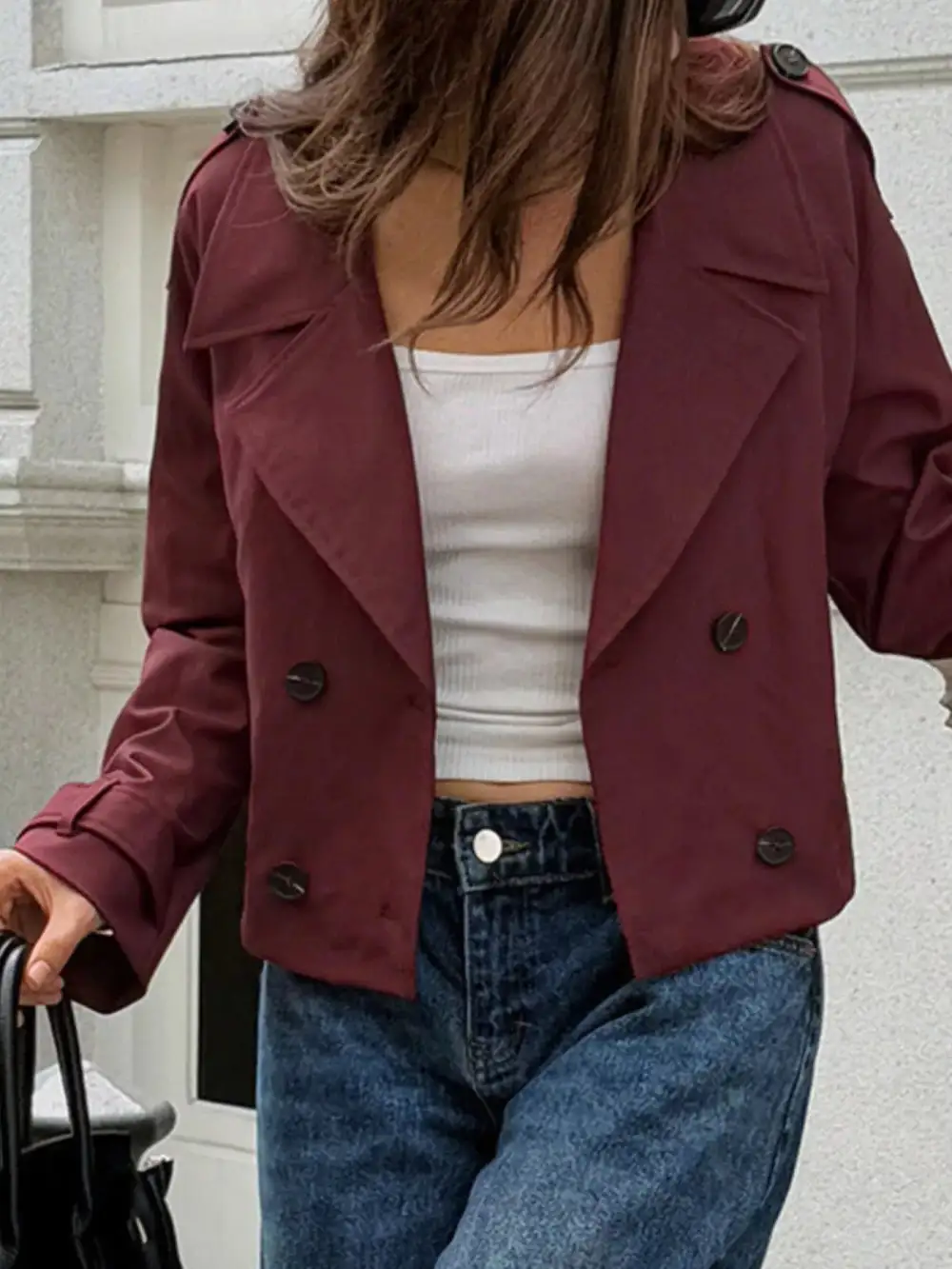 Cropped Double-breasted Raglan Sleeve Jacket