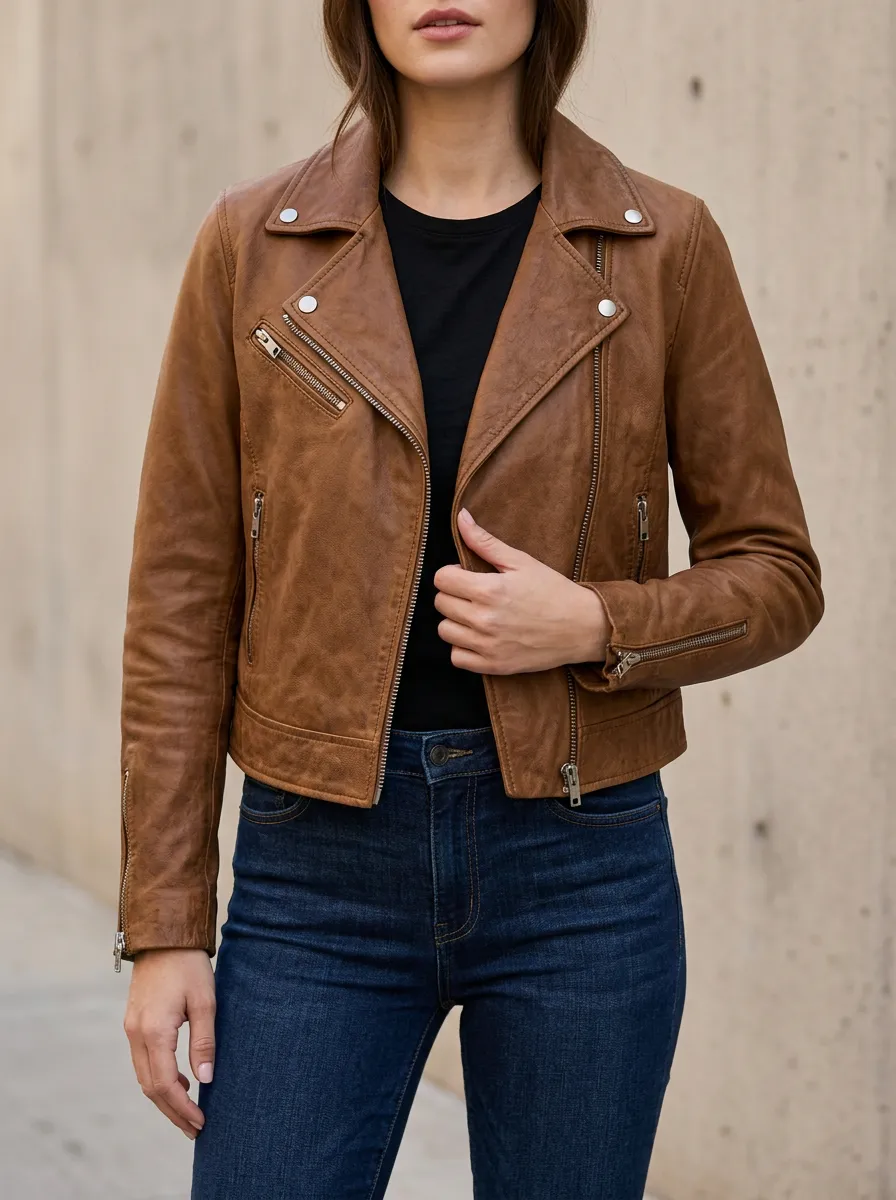 Women's Brown Faux Leather Moto Biker Jacket