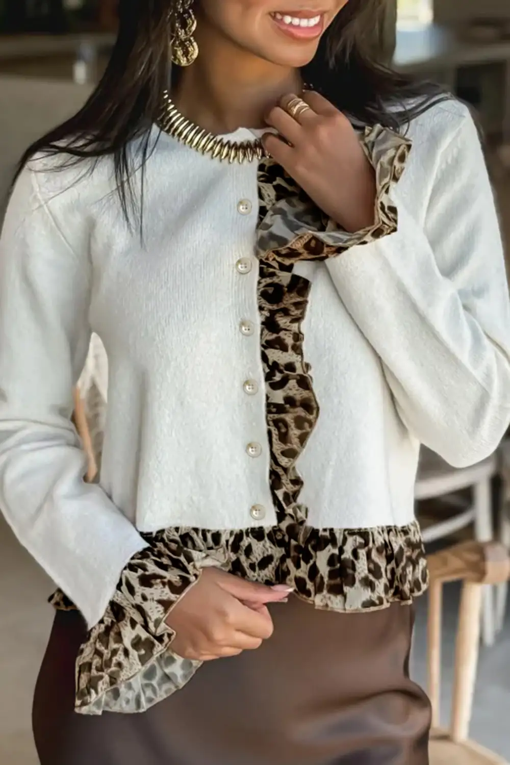 Leopard Ruffle Trim Button Front Cardigan