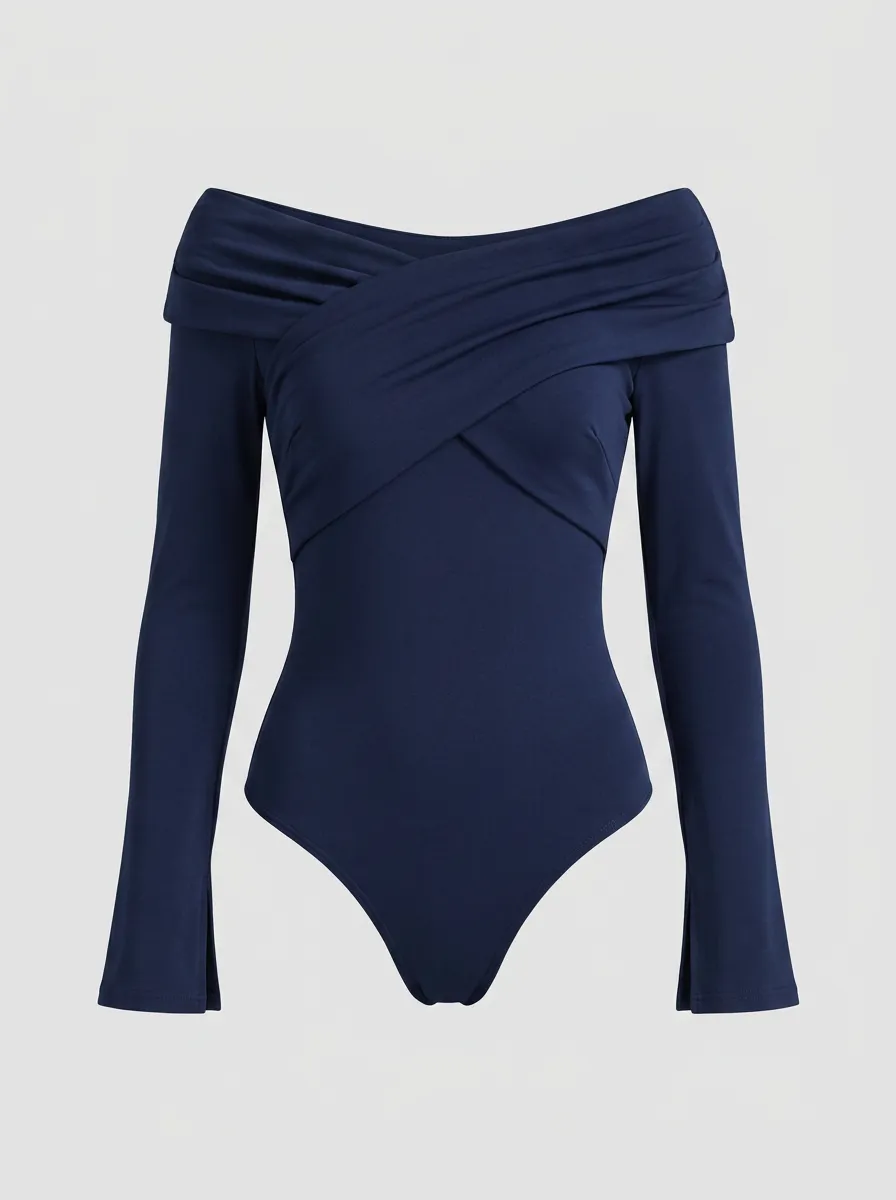 Women's Navy Blue Off-Shoulder Crisscross Long Sleeve Bodysuit