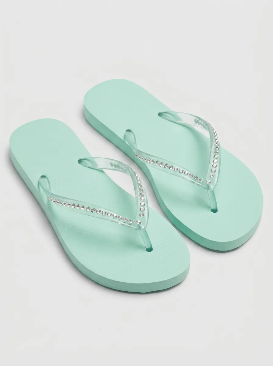 Women's Mint Green Rhinestone Embellished Flip Flops