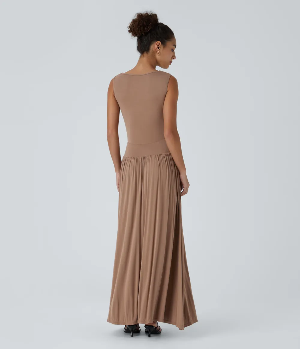 Ribbed Boat Neck Ruched Side Pocket Flowy Maxi Casual Dress