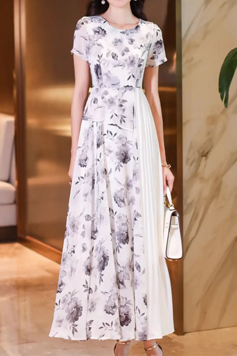 Floral Chiffon Pleated Short Sleeve Maxi Dress