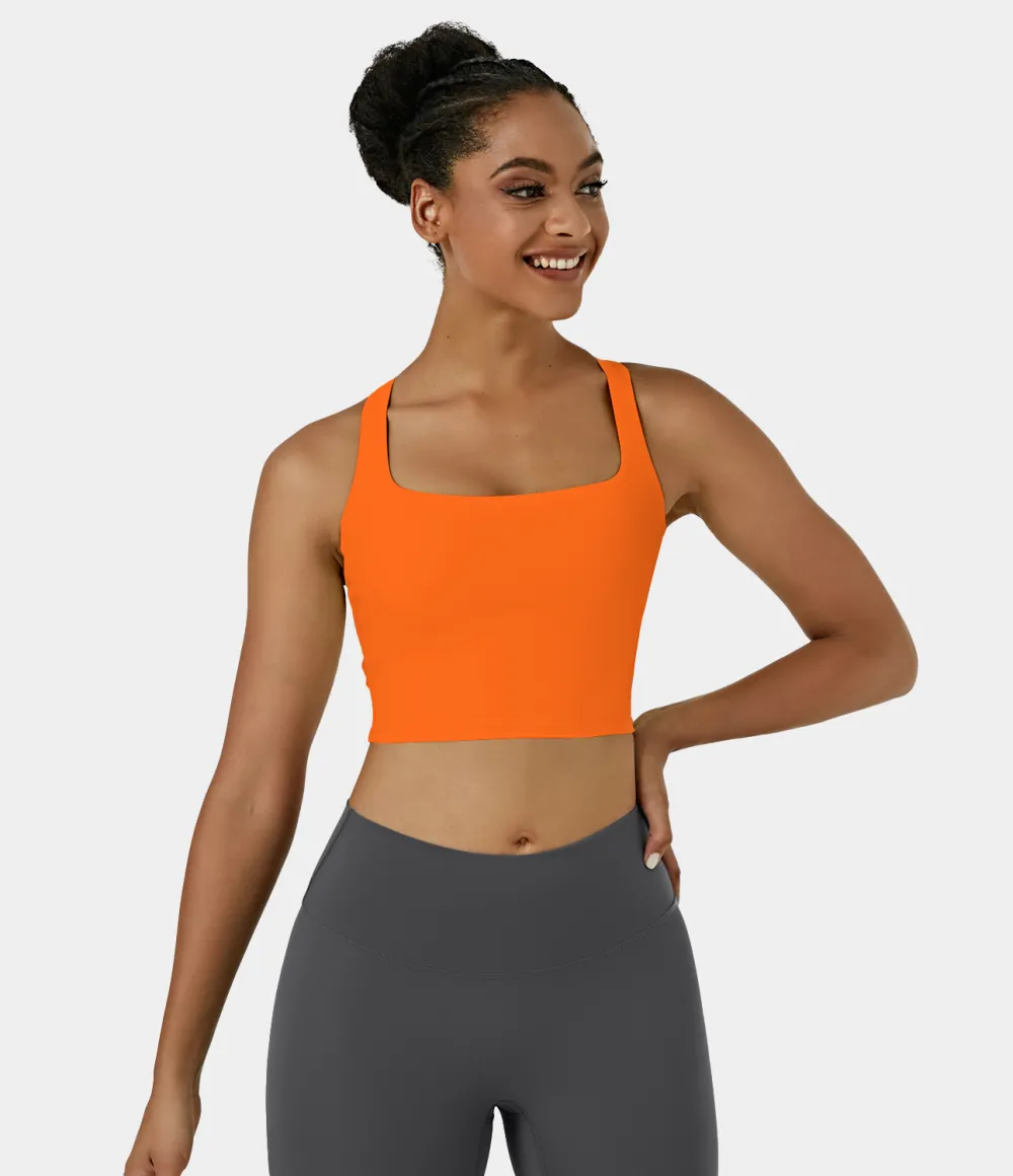 Softlyzero Airy Square Neck Backless Crisscross Cropped Cool Touch Yoga Tank Top-UPF50+