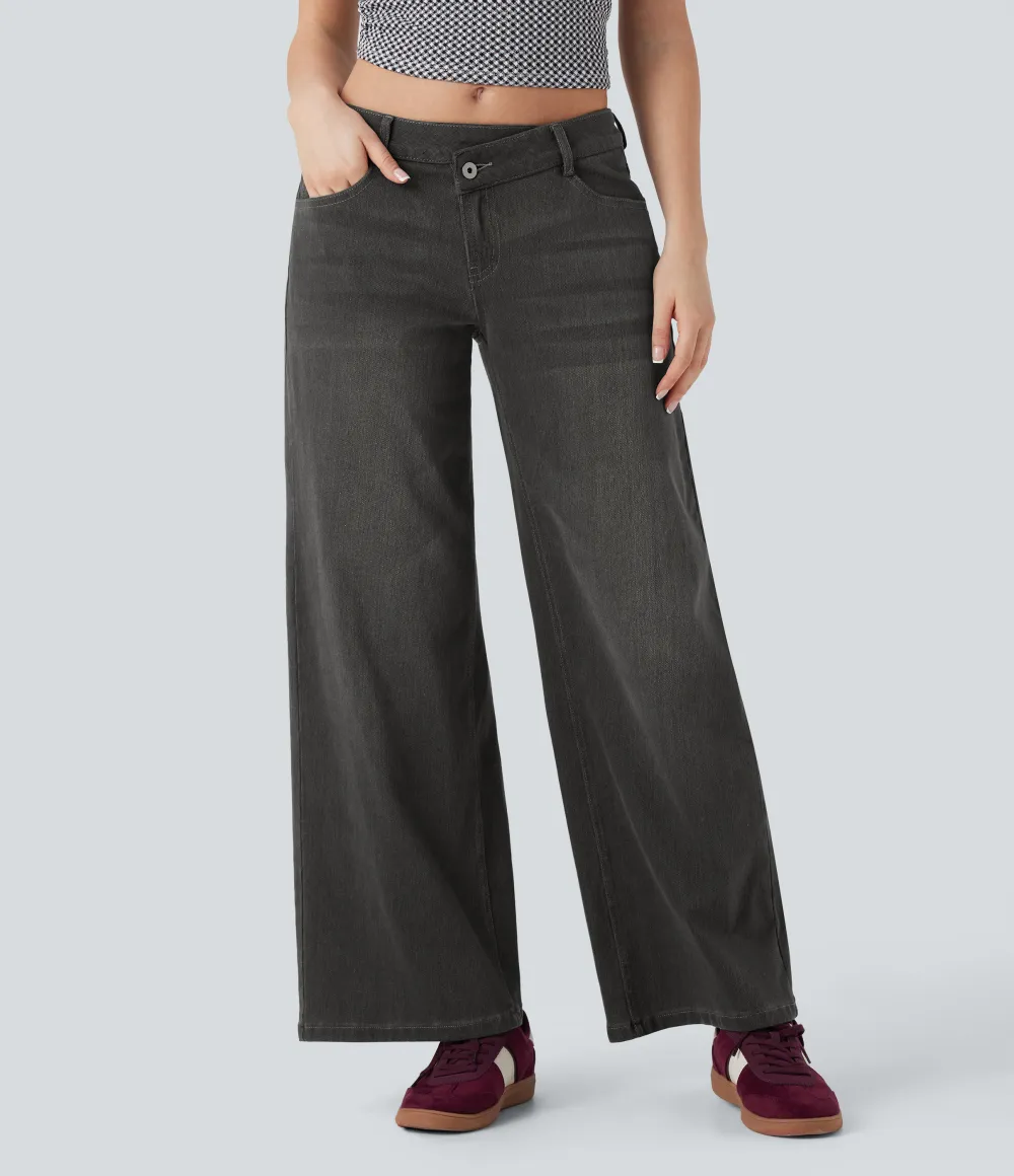 Asymmetric Low Rise Zipper Pockets Baggy Wide Leg Washed Casual Jeans