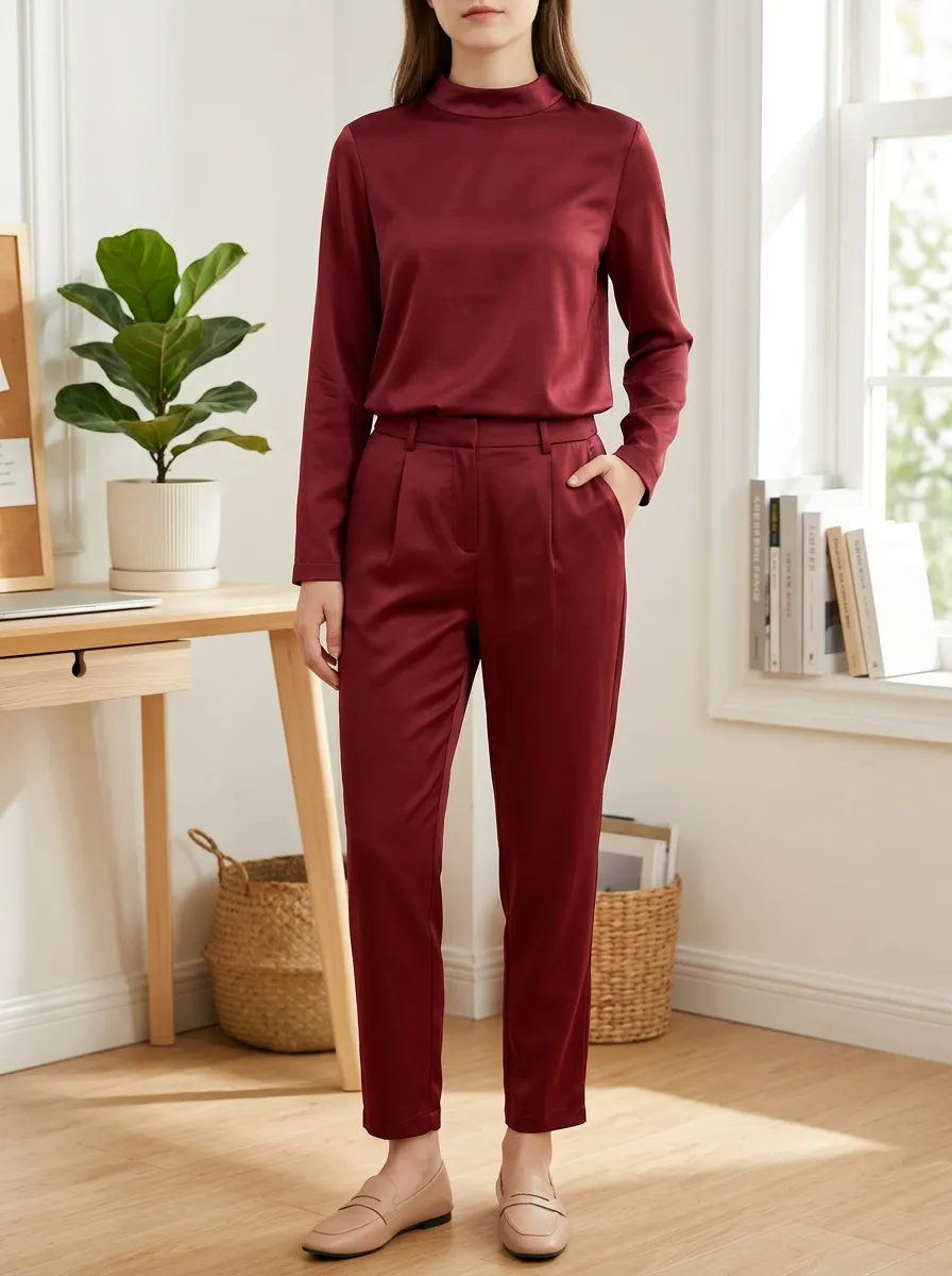Women's Burgundy Mock Neck Long Sleeve Satin Lounge Set