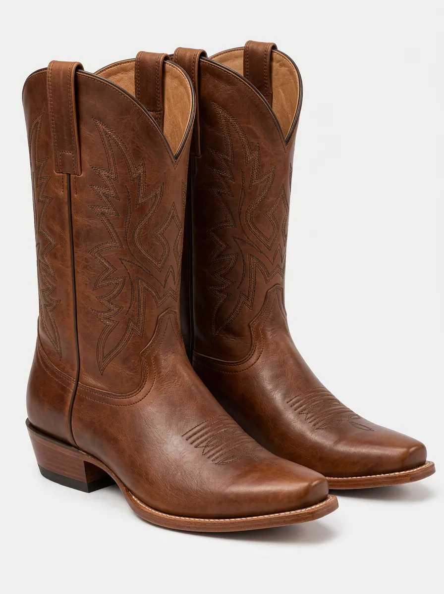 Men's Brown Cowboy Boots with Decorative Printed Stitching