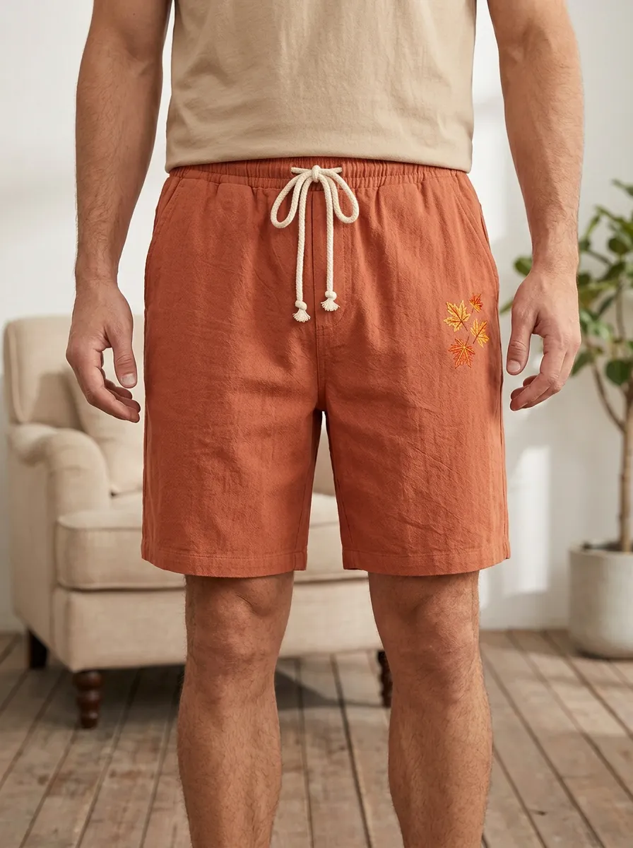 Rust Embroidered Leaf Drawstring Shorts