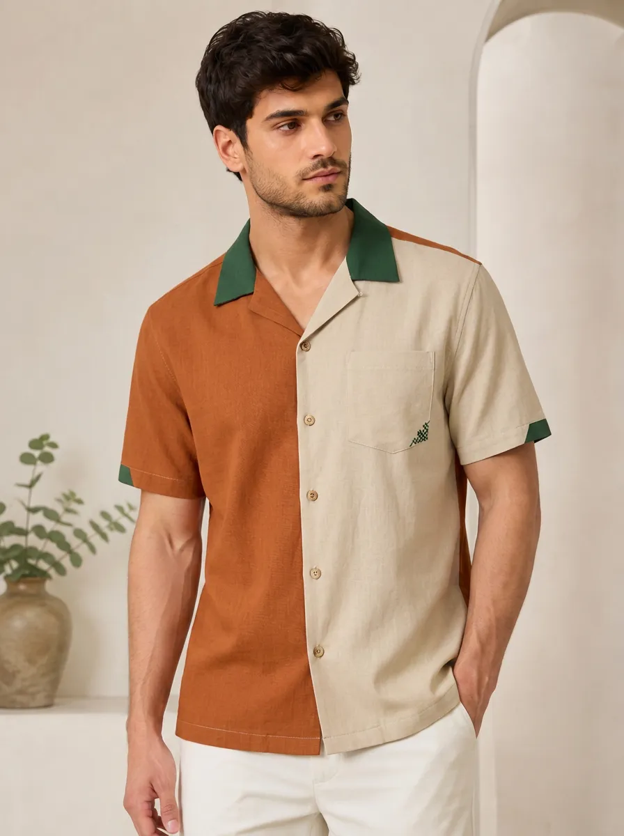 Men's Rust and Beige Color-Block Camp Collar Shirt