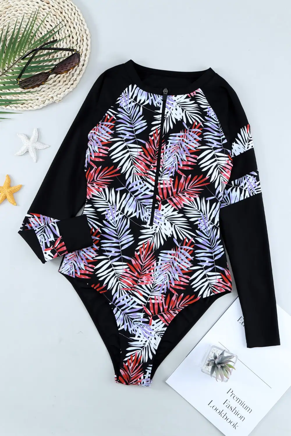 Leaves Print Zip-up Long Sleeve Surf Rash Guard Swimwear